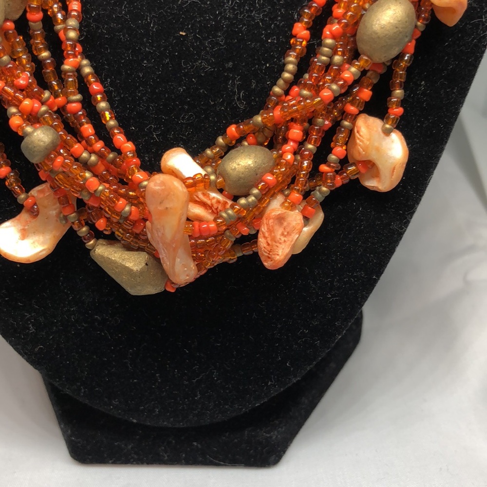 Orange Beaded And Shell Multi Strand Necklace - image 3